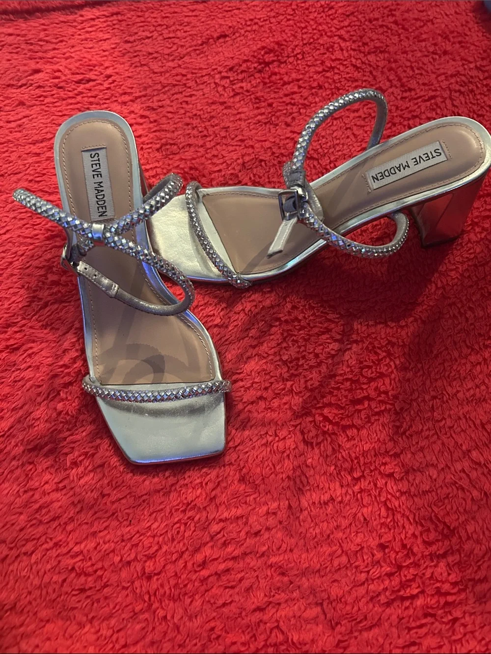Steve Madden Metallic Silver Crystal Strap Heels